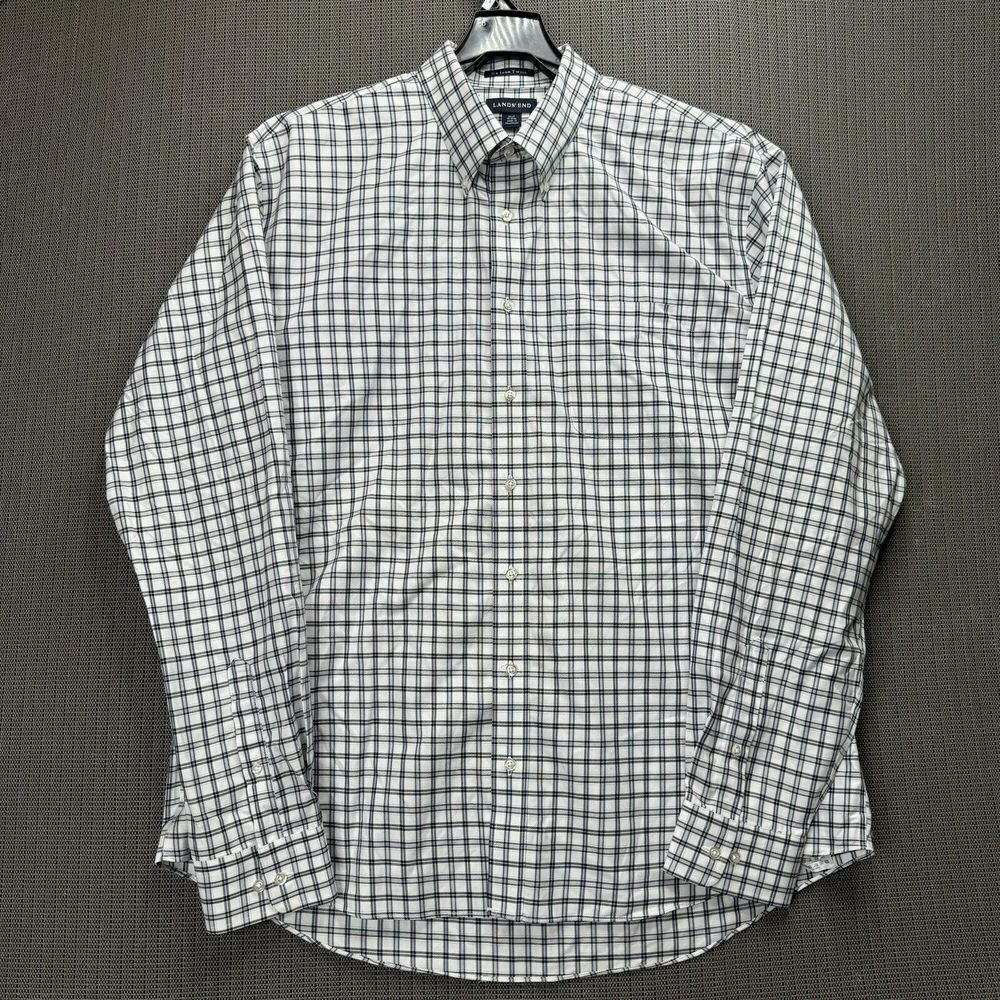 Lands End Men's Cotton Long Sleeve Shirt Size XL Blue White 17.5 35 No Iron T